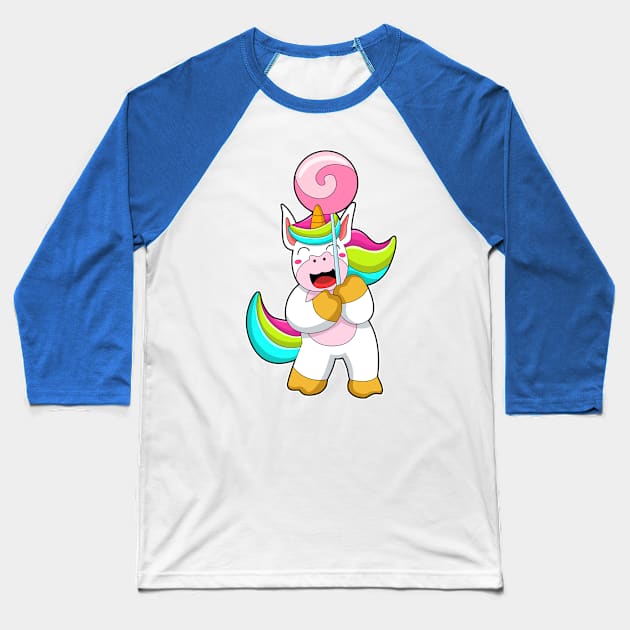 Unicorn with Lollipop Baseball T-Shirt by Markus Schnabel